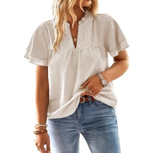Womens Tops Butterfly Sleeve V Neck Blouses for Women Dressy Casual Flowy Swiss Dot Ruffle Short Sleeve Shirts - 1 of 1