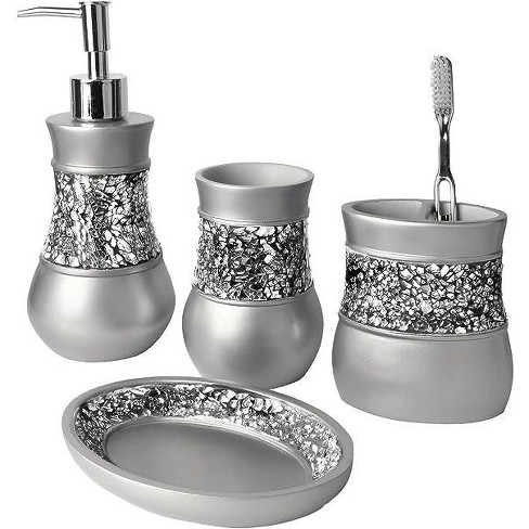 Creative Scents Gray Bathroom Silver Mosaic Glass Accessories Set