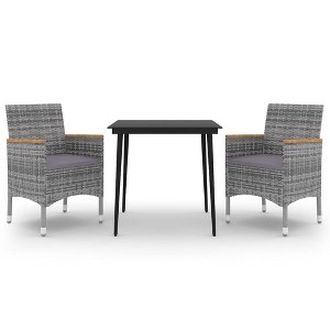vidaXL 3-Piece Patio Dining Set in Poly Rattan and Glass - Gray and Black Outdoor Furniture with Dark Gray Cushions for Garden, Backyard, or Poolside - 1 of 4