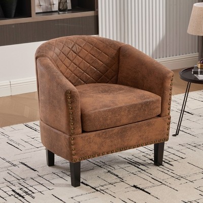 MOONMISS Faux Leather Accent Chair, Barrel Club Chair Upholstered Armchair for Living Room, Comfy Modern Arm Chair Bedroom Reading Seat