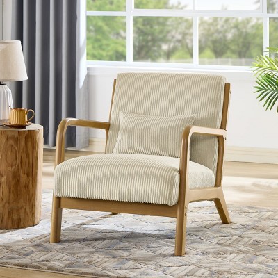 Natural Wooden Lounge Chair with Ribbed Corduroy Upholstery and Cushion for Living Room, Bedroom or Reading Corner-The Pop Home