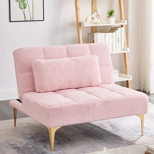 Convertible Sofa, Modern Teddy Fabric Futon Sleeper Sofa Bed with Adjustable Backrest & Pillow, Gold Metal Legs for Small Spaces Living Room - 1 of 4