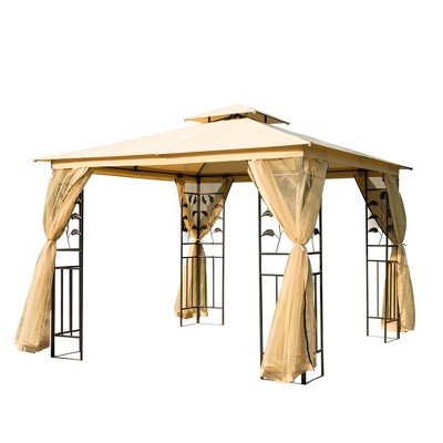 Beige 10' x 10' Steel Frame Outdoor Gazebo with Mesh Netting