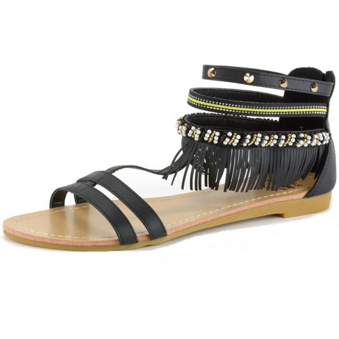 Alpine Swiss Womens Beaded & Studded Fringe Flat Gladiator Sandals