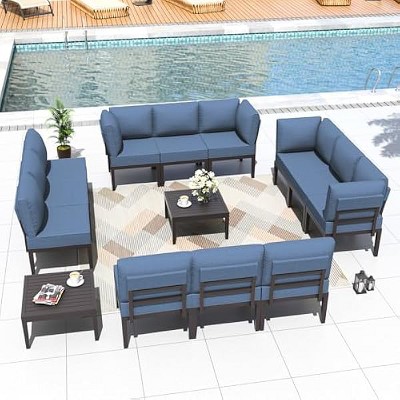 ALAULM Metal Patio Furniture Set Modern Metal Outdoor Conversation Sets w/45in Propane Fire Pit Table, Patio Sectional Sofa w/5 Inch Cushion