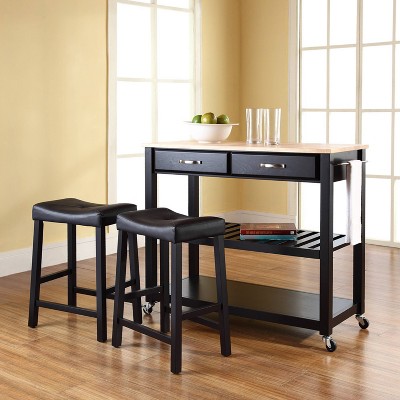 Natural Wood Top Black Kitchen Cart with Wine Rack and Stools