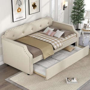 Upholstered Daybed With Trundle, Upholstered Frame, Wood Slat Support Twin Daybed Frame, No Box Spring Required For Living Room, Office, Bedroom - 1 of 4