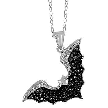 Women's Sterling Silver Accent Round-Cut Black Diamond Pave Set Flying Bat Pendant (18")