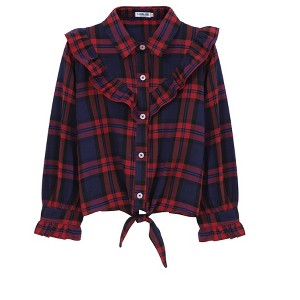 Clearlove Girl's Long Sleeve Plaid Button-Down Shirt with Tie Front & Ruffle Sleeve Detail Classic Collar Top - 1 of 4