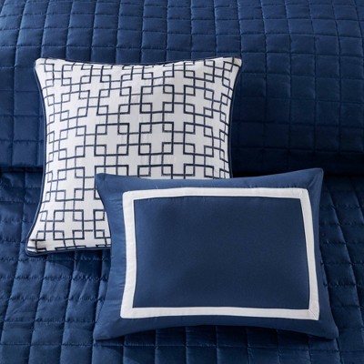Navy and White Hotel Style Comforter and Coverlet Full Set
