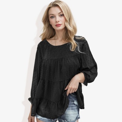Anna-Kaci Women's Long Sleeve Swiss Dot Peplum Top with Sheer Sleeves and Tiered Ruffle Detail Casual Blouse