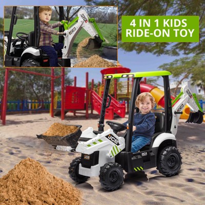 12V White and Green Kids Ride-On Excavator with Remote Control