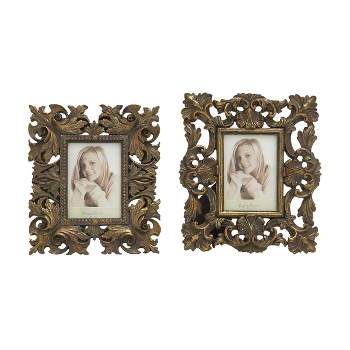 Set of 2 Polystone Scroll Handmade Intricate Carved 1 Slot Photo Frames Gold - Olivia & May