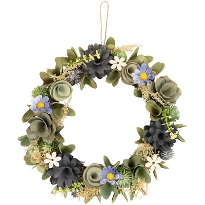 Northlight Wooden Mixed Floral Artificial Spring Wreath - 10.5" - Green and Blue