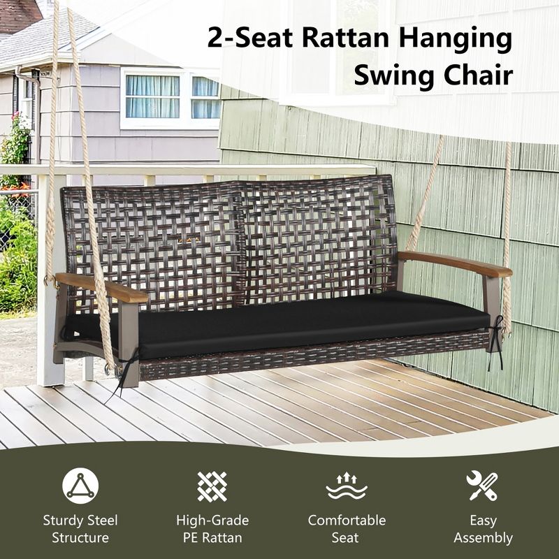 Tangkula 2-Seat Rattan Porch Swing Chair Outdoor Wicker Swing Bench W/ Seat Cushion, 4 of 10
