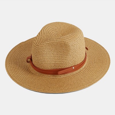 Women's Brown Faux Leather Band Straw Hat - Cupshe
