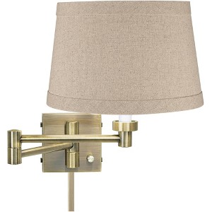 Barnes and Ivy Modern Swing Arm Wall Lamp with Cord Cover Antique Brass Plug-In Light Fixture Natural Linen Drum Shade for Bedroom - 1 of 4