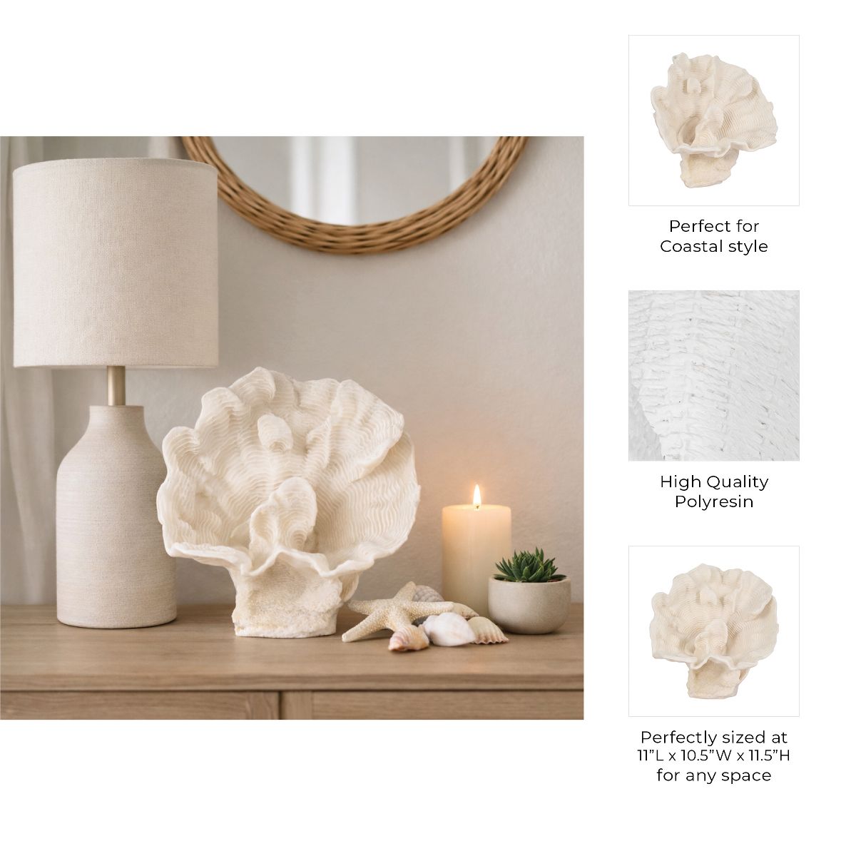 Decorative Coral Inspired Sculpture for Home, Bathroom and Living Room Decor - Coastal Resin Ornaments for Shelf and Office Display - 6", Ivory & Tan - thumbnail 5