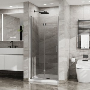 MAYEERTY 34"x 72" Bifold Frameless Glass Shower Door 1/4 inch Tempered Clear Glass Pivot Swing Shower Panel in Chrome Finish, Foldable - 1 of 4