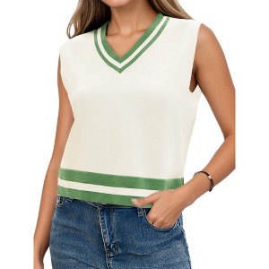 ATHLECHIC Women's Summer Knit Color Block Sleeveless V Neck Loose Fit Preppy Trendy Tank Tops - 1 of 4