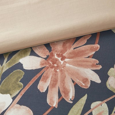 Camillia Navy Floral Cotton King/Cal King Duvet Cover Set