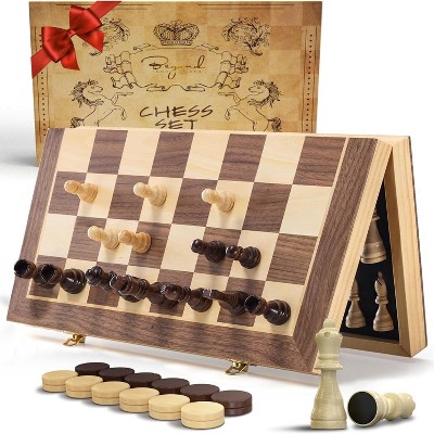 Beyond Innoventions Wooden Magnetic Chess Set – 15" Foldable Board with Storage & 2 Extra Queens – Portable Travel Chess Game for Adults & Kids