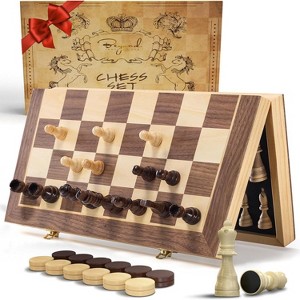 Beyond Innoventions Wooden Magnetic Chess Set – 15" Foldable Board with Storage & 2 Extra Queens – Portable Travel Chess Game for Adults & Kids - 1 of 4