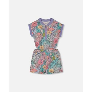 Deux par Deux Girl Printed French Terry Romper Lilac Tropical and Pink Flamingos - 1 of 4