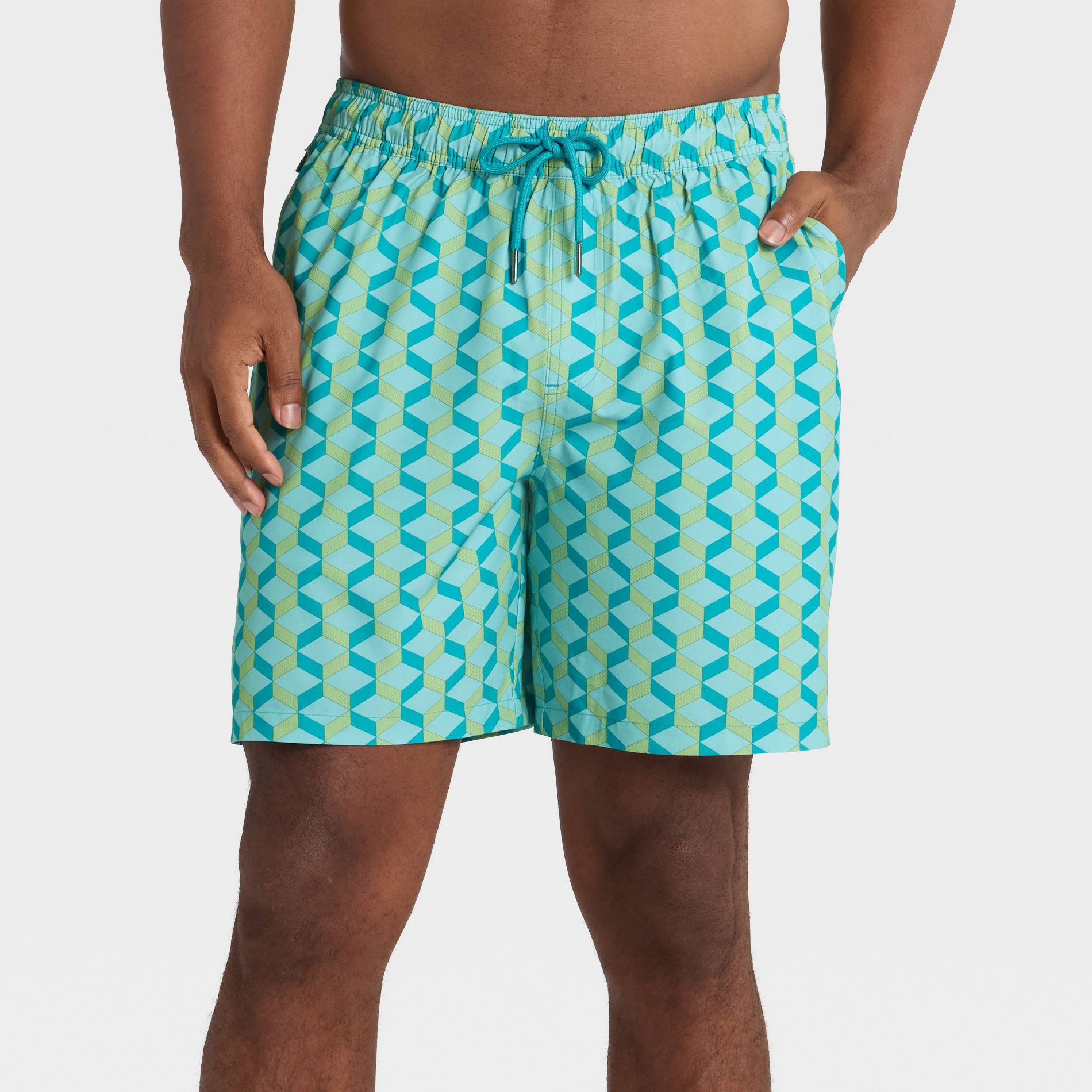 Men's 7'' Swim Trunks with Boxer Brief Liner - Goodfellow & Co™ Blue Geo