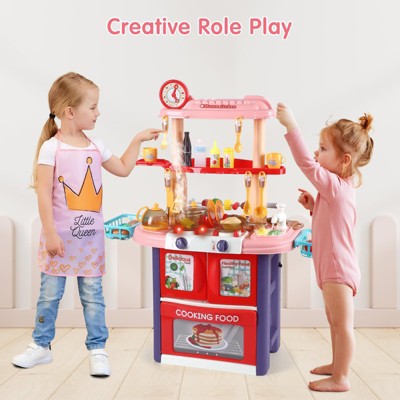 Kids Kitchen Playset, 2 in 1 Play Kitchen & Barbecue Grill Play Set, Toy Kitchen with Running Water, Steam, Lights and Sounds,