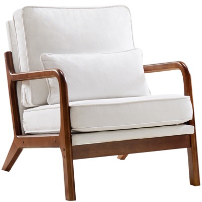 Wooakway Modern Linen Fabric Upholstered Comfy Reading Accent Chair with Lumbar Pillow, Wood Frame Lounge Arm Chair for Living Room