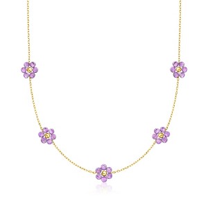 Pure Collection by Ross-Simons 7.00 ct. t.w. Amethyst Flower Station Necklace in 14kt Yellow Gold Size 16 - 1 of 3