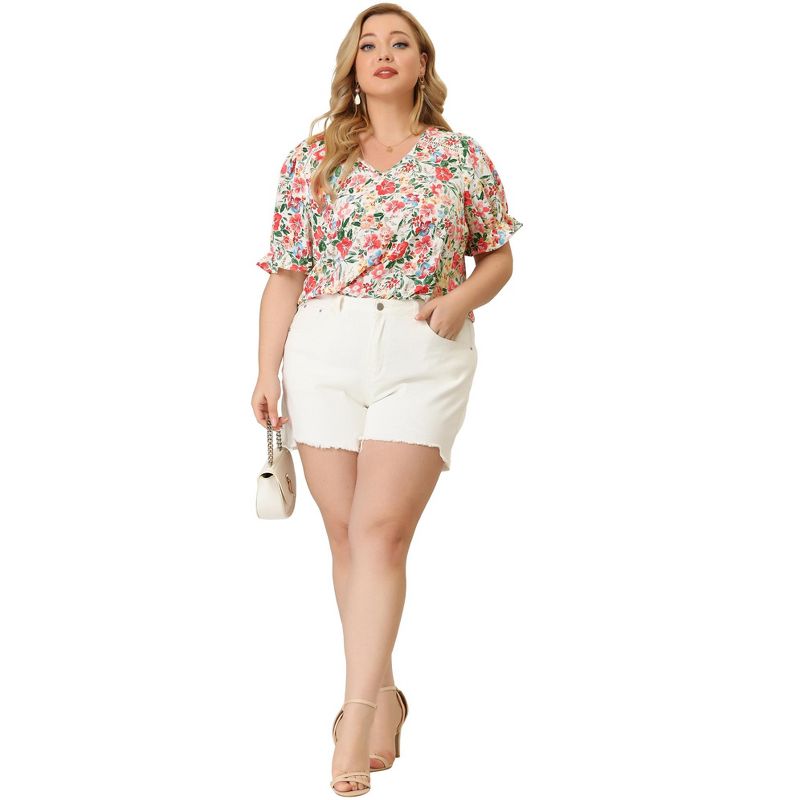 Agnes Orinda Women's Plus Size V Neck Ruffle Sleeve Floral Summer Casual Blouses, 3 of 7