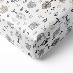 Bacati - Owls in the Woods Gray Beige 100 percent Cotton Universal Baby US Standard Crib or Toddler Bed Fitted Sheet - 1 of 4