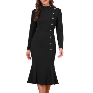 long sleeve midi fishtail dress INSPIRE CHIC Women's Midi Fishtail Long Sleeve Stand Neck Button Decor Business Work Elegant Mermaid Bodycon Dresses Medium Black