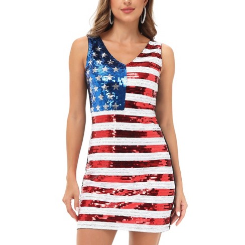 Anna-kaci Women's American Flag Sequin Dress V-neck Sleeveless Usa ...