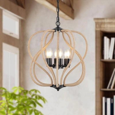 PAKOKULA 6-Light Black Geometric Cage Chandelier with Curved Rattan Accents, 17.7 in. Wide, Farmhouse Rustic Kitchen Island Light, Dimmable