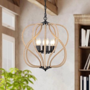PAKOKULA 6-Light Black Geometric Cage Chandelier with Curved Rattan Accents, 17.7 in. Wide, Farmhouse Rustic Kitchen Island Light, Dimmable - 1 of 4