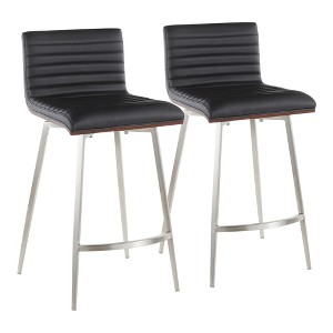 Stainless Steel Contemporary Swivel Counter Stool with Wood Back and Tufted Faux Leather Seat for Kitchen or Bar (Set of 2) - 1 of 4