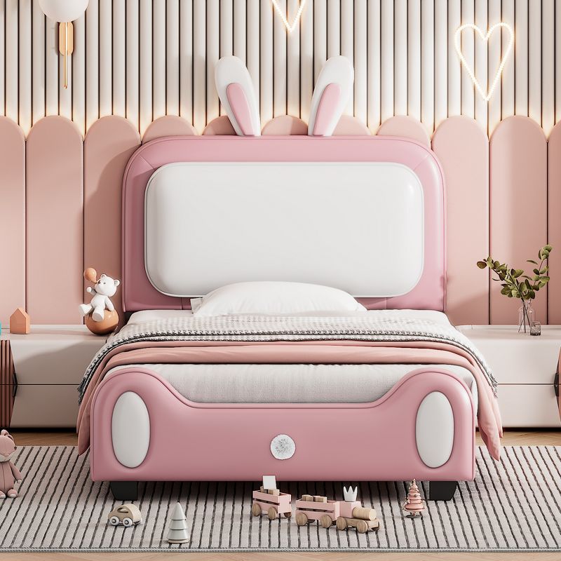 Full/Twin Size Upholstered Rabbit-Shape Princess Platform Bed+Pink-ModernLuxe, 2 of 9