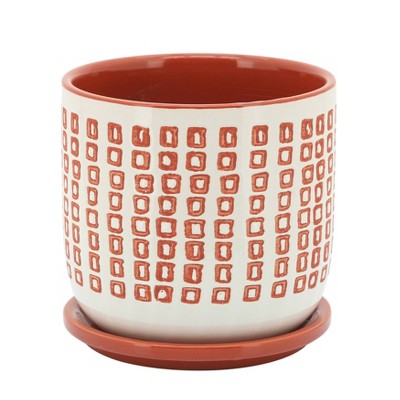 Sagebrook Home 6" Square Patterned Ceramic Planter with Saucer Orange