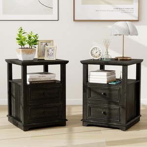 MUUEGM 18.1" Farmhouse Night Stand| Rustic Wood End Table with Charging Station, Open Shelf, 2 Storage Drawers - 1 of 4