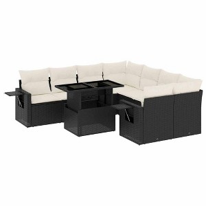 vidaXL Patio Sofa Set with Cushions Outdoor Furniture 9 Piece Poly Rattan - Black and Cream - 1 of 4