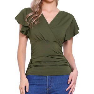 Allegra K Women's Summer V Neck Ruffle Sleeve Casual Faux Wrap Blouse - 1 of 4