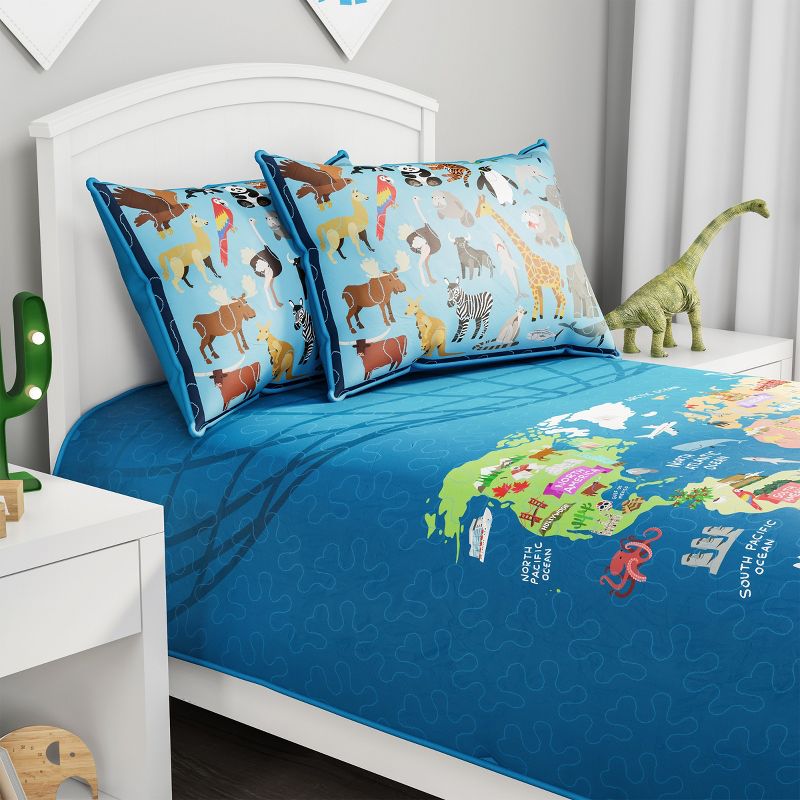 World Map 3 Piece Quilt Set-Twin XL Bedding & 2 Pillow Shams-Hypoallergenic Microfiber-Animals & Landmarks of the Continents & Oceans by Lavish Homes, 5 of 9