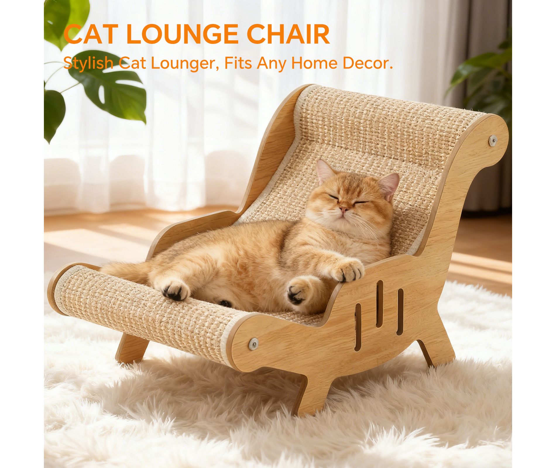 C-Shaped All-in-One Sisal Cat Lounge Chair, Solid Wood Cat Scratcher Bed with Natural Sisal Surface, Comfortable Relaxing Cat Sofa for Indoor Cats
