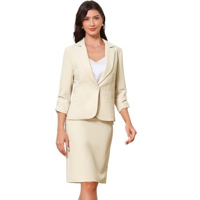 INSPIRE CHIC Women's Long Sleeve Notch Lapel One Button Blazer and Pencil Midi Skirt with Slit Set 2 PCS