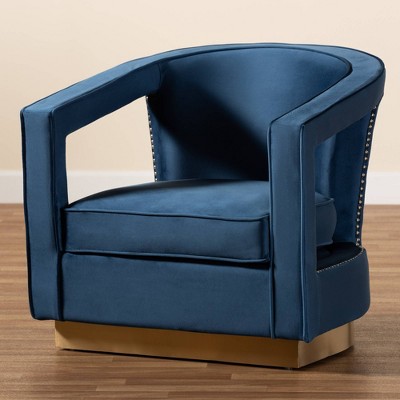 Neville Navy Blue Velvet Barrel Accent Chair with Gold Base