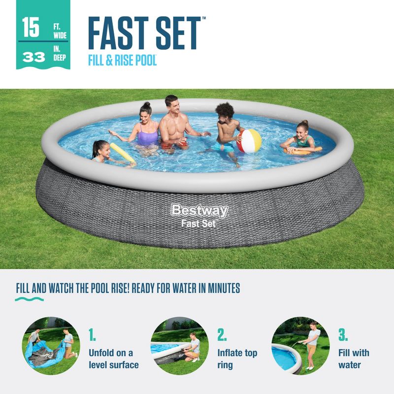 Bestway Fast Set 15' x 33" Round Inflatable Outdoor Above Ground Swimming Pool Set with 530 Gallon Filter Pump and Repair Patch, Gray Rattan, 3 of 9