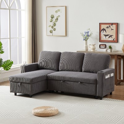 78.5" Corduroy/Linen Upholstered L-Shaped Sleeper Sofa with Pullout Bed, Storage Space, Cup Holders and Side Pocket, 4L -ModernLuxe